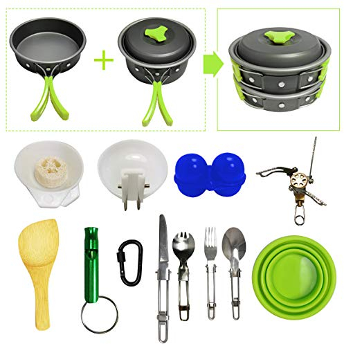 Camping-Kochgeschirr-Set für 2–4 Personen mit Campingkocher, antihaftbeschichtet, tragbare Töpfe, Pfannen, faltbar, Edelstahl, Messer/Gabel/Löffel, Wanderausrüstung (Kochgeschirr-Set 3-grün)