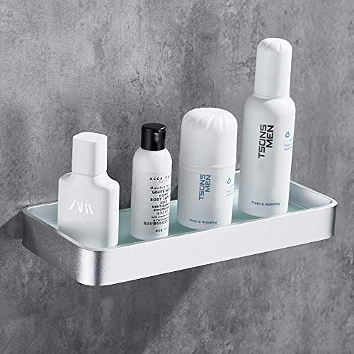 DUFU Mensola Bagno Adesiva Mensola Doccia Senza Foratura Organizer Antiruggine Stoccaggio Nessun Danno Vetro Temperato Alluminio Spaziale Accessori da Bagno 25cm Argento
