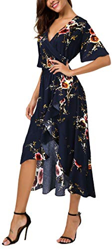 Kormei Womens Short Sleeve Floral Maxi Dress High Low V-Neck Flowy Party Long Dresses 2XL Blue&Flower#2