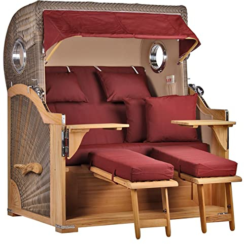 MR. DEKO Strandkorb Baltikum Teakholz XL Volllieger Strandstuhl PE Geflecht Grey Teak Bullauge anthrazit inkl. 4 Kissen - Wechselpolster - Strandkörbe Garten, Wintergarten, Terrasse (Dessin 550)