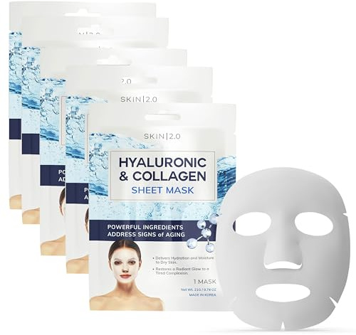 Skin 2.0 Hyaluronic Acid & Collagen Sheet Mask - Hydrating, Anti-Aging, Firming - Dermatologist Tested Korean Skincare - Clean Beauty, Natural Ingredients, Cruelty-Free, All Skin Types - Pack of 5