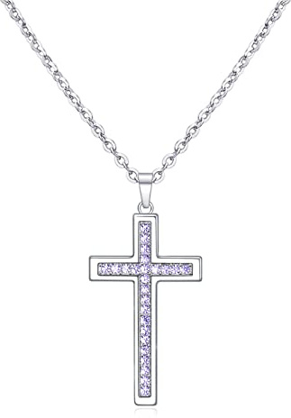 Dixbix Girls Baptism Cross Necklace for Women,First Communion Cross Necklaces Jewelry Gifts for Women (Birthstone 06-June-Light Purple)
