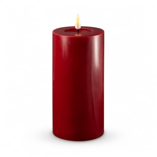 ReWu LED Kerze Deluxe Homeart aus Echtwachs mit Realistischer Flamme auf Echtwachsspiegel, Warmweißes Licht, Bordeaux, 7,5 x 15 cm