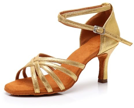Lvguang Latinska dansskor för kvinnor 5 cm klackar latinamerikanska dansskor satin jazzskor dam Tango Bachata öppen tå skor 7 cm, 7 cm Guld 02, 37 EU