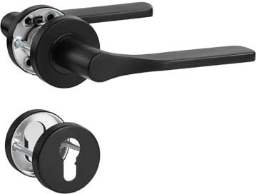 SORWDUERM Poignée de porte noire en acier inoxydable mat - Poignée de porte pour porte d'entrée et porte intérieure - En forme de L - Rosace ronde - Cylindre profilé