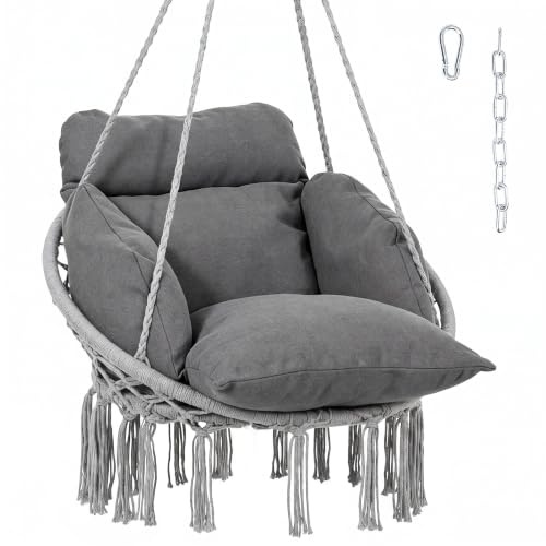 Outsunny Hanging Chair with Soft Cushion for Indoor Outdoor Dark Grey | Outdoor Hammock Swing Chair, Cotton Rope, Boho Style, Hanging Garden Swing Seat