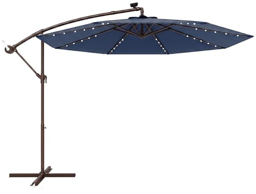 GOPLUS Sombrilla Terraza Exterior 3x3 m con 40 Luces LED Solares, Parasol Excentrico Inclinable con Pie y 8 Varillas, Resistente al Viento y GuardaSol(sin Base con LED, Azul, 3 M)