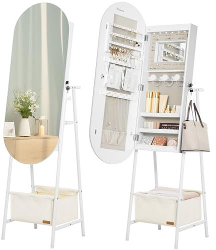 Hzuaneri Armoire à Bijoux, Miroir sur Pied avec Rangement, Lumières 6-LED et Miroir, Montable au Mur, avec portemanteau et Panier en Tissu, Elégance Moderne, Cadeau pour Les Filles, Blanc JC40903BE