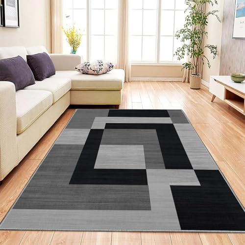 Aspire Homeware Rugs for Living room Bedroom Entryway Doormat 60x110 cm –Easy to Clean Soft Bedside Rug – Crawling kids Playmat Non-Slip Backing Short Pile Black and Grey Rugs (Milo Black & Grey)