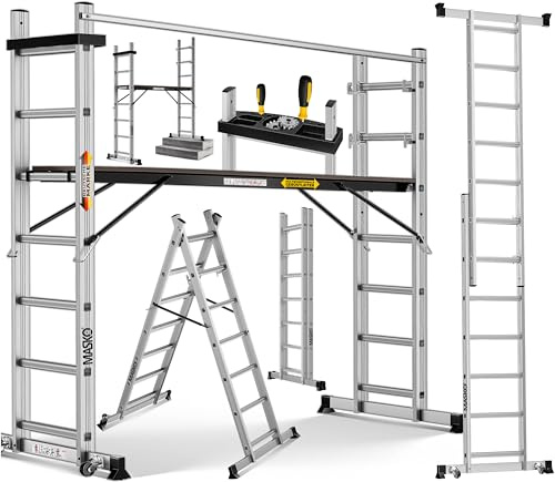 MASKO® Andamio de aluminio 4 en 1, escalera multiusos y plataforma de trabajo, soporta hasta 150 kg, revestimiento antideslizante
