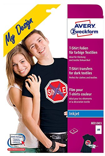 Avery-Zweckform My Design T-Shirt MD1003 Tintenstrahl Textilfolie DIN A4 Fuer farbige Textili, Weiß