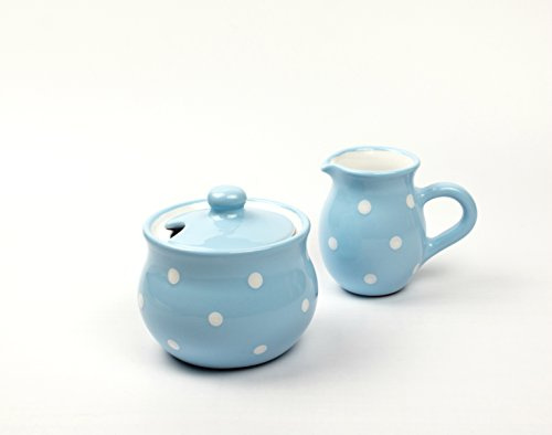 Unartikat, set di zuccheriera e bricco per il latte in ceramica con pois bianchi dipinti a mano (azzurro)