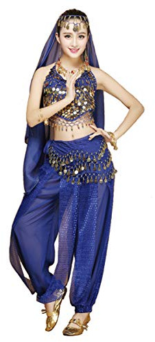Ventre Femmes Danseur 4 pièces Costume Ensemble de Costume avec Un Pantalon Haut la tête Voile Foulard pour la Danse égyptienne Arabe (Bleu) (Taille Unique)