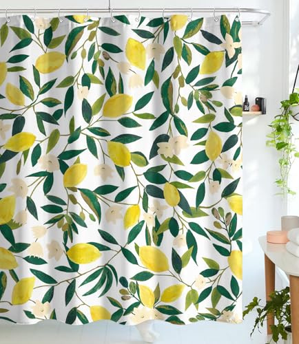 Lifeel citronduschdraperier, heltäckande frukter duschdraperi gröna blad växtdesign vattentätt tyg badrum duschdraperi set med 12 krokar, gröngul 183 cm x 183 cm