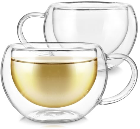 Teabloom Modern Classic Insulated Cups – 6 oz / 200 ml – Set of 2 Double Walled Glass Cups for Tea or Coffee