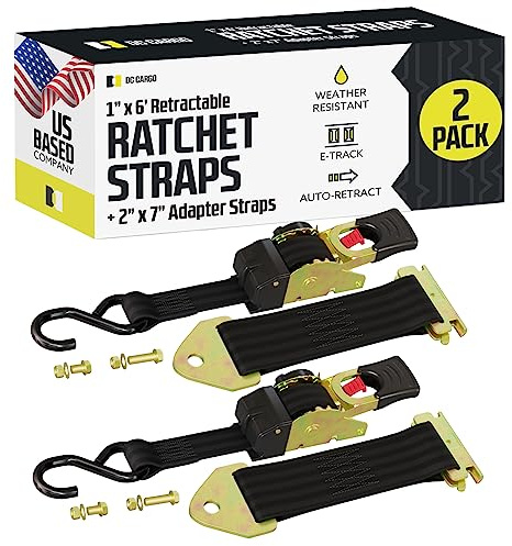 DC Cargo Mall Retractable Ratchet Straps - E-Track and Bolt-On Mounting Options (2 Pack) 1 x 6' - 4,000lbs Break Strength Heavy Duty Auto Self Retracting Tie Down Straps