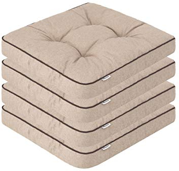 PillowPrim 4er Set Stuhlkissen 49x47 cm Sitzauflagen Polsterauflagen Outdoor/Indoor Außen/Innen Garten Winter gatren Freizeit Sommer Sommerferien Beige