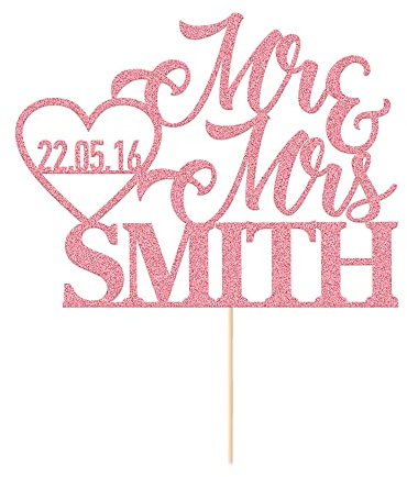 Personalised Wedding Cake Toppers Decoration Favours Customised Wedding Gifts for Couple Double Sided Glitter Paper with Any Name Date (Baby Pink)