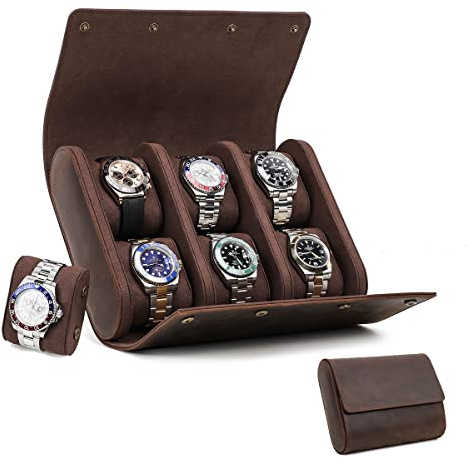 CONTACTS Travel 6 Watch Box, Crazy Horse Leather Watch Case for Men Watch Organizer Storage Display Protector Brown Watch Roll Pouch