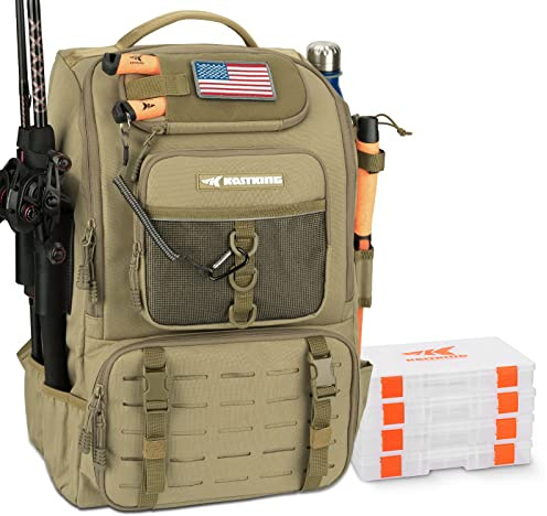 KastKing KarryAll Fishing Tackle Backpack with Rod Holder 4 Tackle Boxes,40/26L Tackle Bag Storage Fishing Gear and Equipment,Khaki,Large