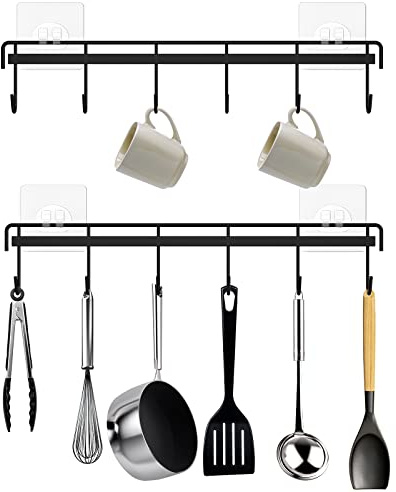 HOMEBROS Percha para utensilios de cocina, soporte adhesivo para utensilios de pared, riel de cocina con 12 ganchos, ahorro de espacio y sin taladrar, negro, 2 piezas