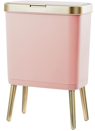 Procade Bathroom Trash Can with Lid, 4 Gallon Pink Garbage Can, Tall Plastic Trash Bin with Push Button, Slim Gold Trash Can Waste Basket for Room, Bedroom,Office,Kitchen