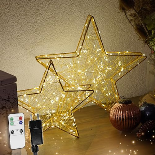 Strombetriebener LED Weihnachtsstern Gold mit Fernbedienung & Timer - dimmbar - Dekostern beleuchtet mit warmweißen LEDs für Innen und Außen Weihnachtsdeko Fensterdeko (160 LEDs - B57xH54xT8)
