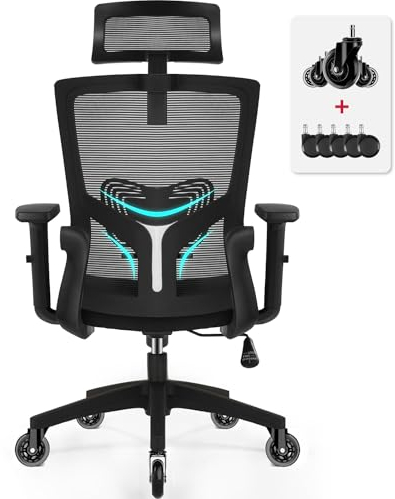 Airchros Bürostuhl,Bürostuhl Ergonomisch mit Verstellbarer Kopfstütze,Armlehnen und Lendenwirbelstütze, Schreibtischstuhl Drehstuhl Wippfunktion bis 135°,Chefsessel Rückenschonend,belastbar 150kg