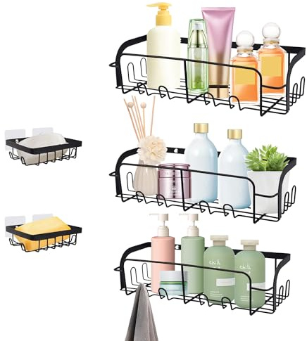 Evenpop 5PCS Estanteria Bañosin Taladro, Estanteria Ducha con Soporte de Jabón, Estante Ducha with 20 Ganchos, Accesorios Baño para Baño Cocina - Negro