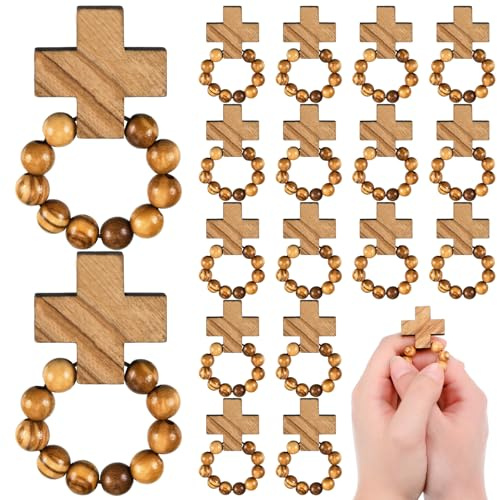 Landical Finger-Rosenkränze aus Olivenholz, mit Anhänger, Mini-Kreuz, Gebet, Taufe, Gastgeschenke für Männer und Frauen, Hochzeit, Kirche, katholisches Geschenk, 24 Stück