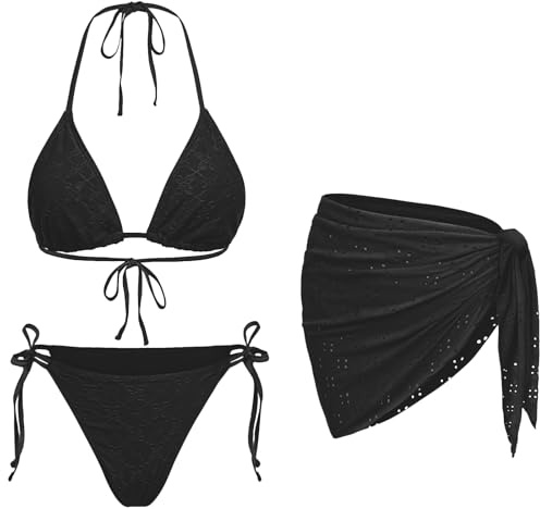 Black Women 3 Piece Swimsuits - Sexy Triangle Bikini Sets with Cover Up Halter String Tie Side Bathing Suits XS