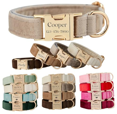 Hundehalsband mit individuellem Namensschild, verstellbares Polyester-Samt, Welpenhalsband, graviert, Haustier-ID, weich, langlebig, Halsband für kleine, mittelgroße Hunde, optionale passende Leine