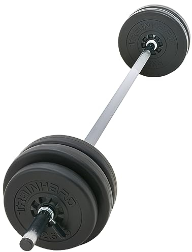 Langhantelset aus 1,6 m Hantelstange mit 25 kg Gewichten (2 x 2,5 kg, 4 x 5 kg) und Verschlüsse