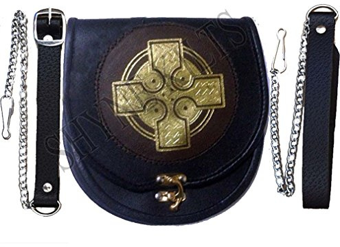 Leather Sporran Gold Cross Black/Brown Leather Sporran para faldas escocesas con cinturón de cadena, Negro y marrón., Taille unique