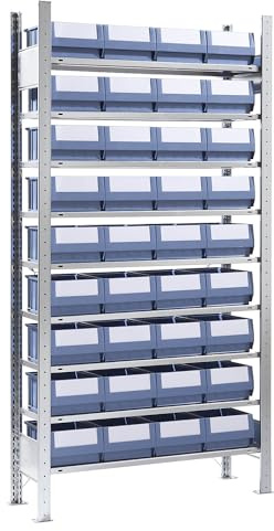 eurokraft pro | Steckregal mit Regalkästen | Höhe 2000 mm, 36 Kästen, 9 Fachböden, Tiefe 336 mm, Anbauregal