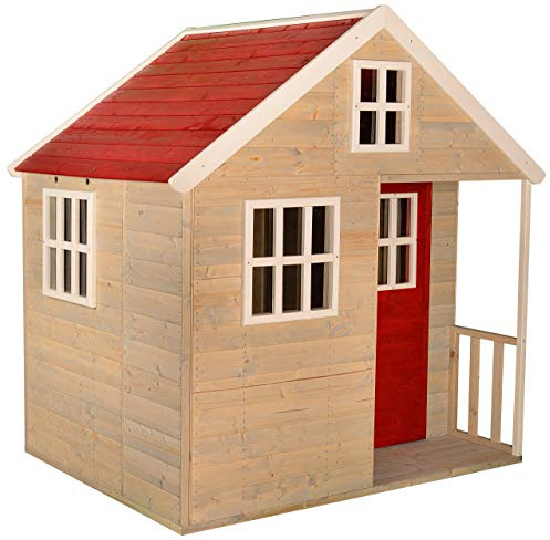 Wendi Toys M13 Kinderspielhaus Holz Outdoor, Garten Spielhaus für Kinder FSC Holz, 120×155×168 cm, mit Fenstern, Tür, Regal, Boden, Veranda, Holzhaus Kinder wetterfest, Rot