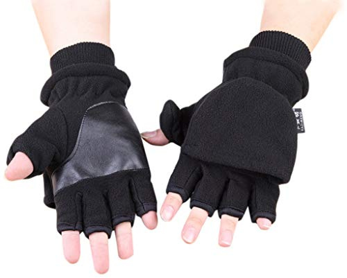 Nankod Winter Polar-Fleece-Halbfinger-Handschuhe, Damen und Herren, doppelschichtig, dicker Touchscreen, fingerlos, umwandelbare Fäustlinge mit Bezug e