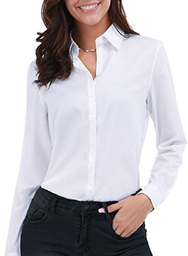 Gemolly Camisa básica de manga larga con botones para mujer, talla grande, simple, elástica, formal, casual, Blanco, M