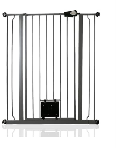 Bettacare Haustiergitter mit Verriegelbarer Katzenklappe, 87.9cm - 95.5cm, Schiefergrau, 104cm in der Höhe, Extra Hohes Haustier Sicherheitsgitter mit Katzenklappe, Einfache Installation