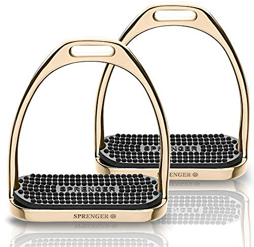 Sprenger Fillis Steigbügel Gold, 120 mm Trittweite I Sicherheitssteigbügel mit schwarzer Einlage, rostfreies Edelstahl, 2 Stück