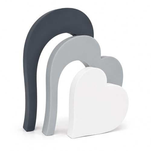 M&R Home Wooden Love Hearts - 3 Pack of Hand-Painted Grey, White & Dark Grey Hearts – Modern Shelf Decor for Living Room, Bedroom, Hallway, Office & Gift Ideas