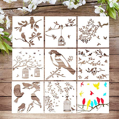 Vetpw 9 Pièces Pochoir Dessin Peinture Oiseau Réutilisable Plastique Pochoir Oiseaux Feuille Branches pour Planchers, Fenêtres, Meubles, Bois, Wall Decor, 20x20CM