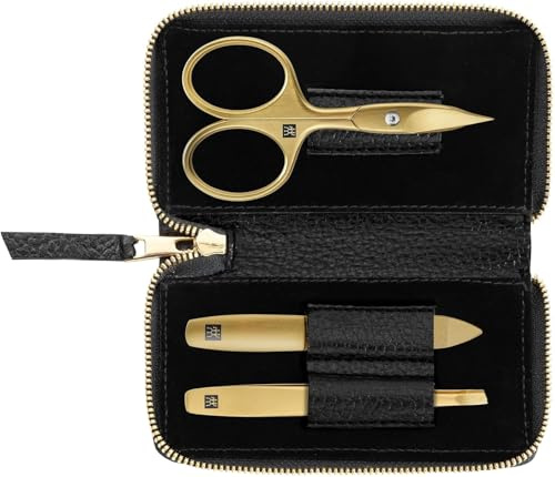 ZWILLING Manikyrset (3 delat, svart etui i äkta läder, vård av händer och fötter, reseset, med nagelsax), Premium, Gold Edition