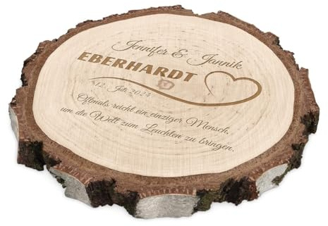 Maverton runde Holzscheibe mit Gravur - Untersetzer aus Birkenholz - Durchmesser: 16-22 cm - Dicke: 1,5-2,5 cm - Holzkreise personalisiert - Deko Baumscheibe für Paar - Herzchen
