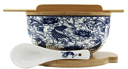 Japanisches Keramik-Ramen-Nudelschalen-Set mit Keramiklöffel, Bambus-Essstäbchen, Deckel und Untersetzer, mikrowellengeeignet, Ofensicherheit (8.4x16.8 cm D) (blauer Fisch)