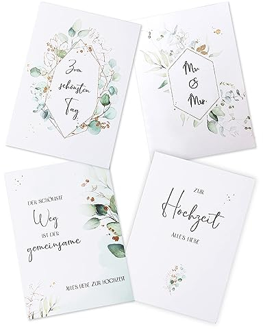 Marvelights Hochzeitskarte 4er Set Eukalyptus, Glückwunschkarte Hochzeit, Grußkarten Hochzeit, Klappkarten Hochzeitskarten A6 mit Umschläge