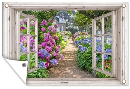 MuchoWow Poster Exterieur Hortensia - Transparent - Fleurs - Été - Mauve - Chemin Decoration Murale 90x60 cm Résistant aux intempéries/Soleil
