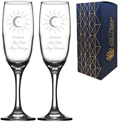 Personalised Engraved Wedding Champagne Set His and Hers, Wedding Celestial, Any Date and Message Glasses, Holds Up to 7.5oz/221ml, Imperial Flute, Engraved in The UK