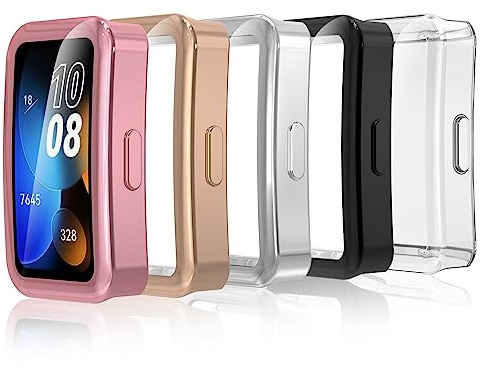 Simpeak 5 stycken skyddsfodral kompatibla med Huawei Band 9/Band 8, TPU fodral skyddsfilm, lätt mjukt fodral tillbehör, ultratunt reptåligt skyddshölje, svart, transparent, silver, roséguld, rosa