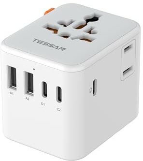 TESSAN Universal Travel Adapter, International Power Adapter with Extra 2 Prong AC Outlet, 5 USB Ports (3 USB C), 28W Worldwide Plug Adaptor for US to Europe UK Australia Ireland (Type C G A I)